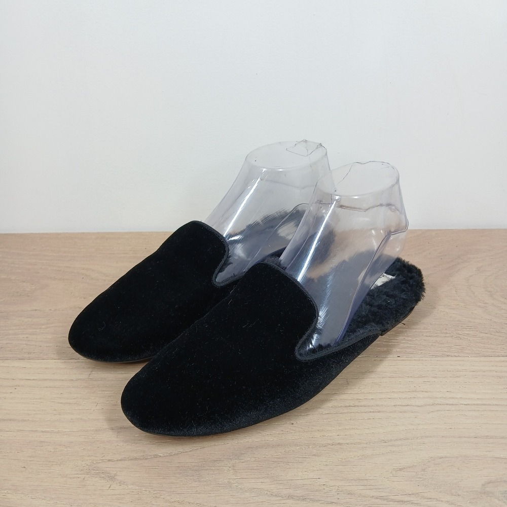 Birdies The Phoebe Slippers Women 8 Black Velvet Faux Fur Mule Loafer Luxury